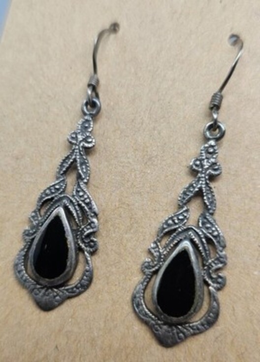 Vintage Stamped Sterling Silver 925 Black Onyx French Hook Dangle Earrings - Picture 2 of 8